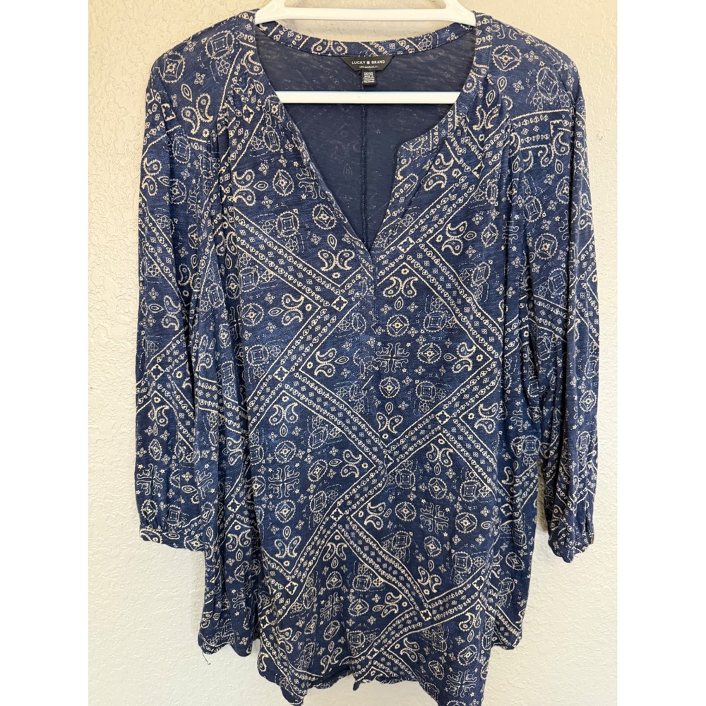 Lucky Brand Womens 1X Blue Paisley Bandana Print Split Neck Knit Top 3/4‎ Sleeve